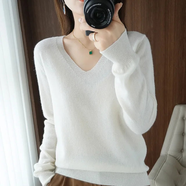 Women's Sweater  Knitted Pullovers V-neck Slim Fit Bottoming Shirt