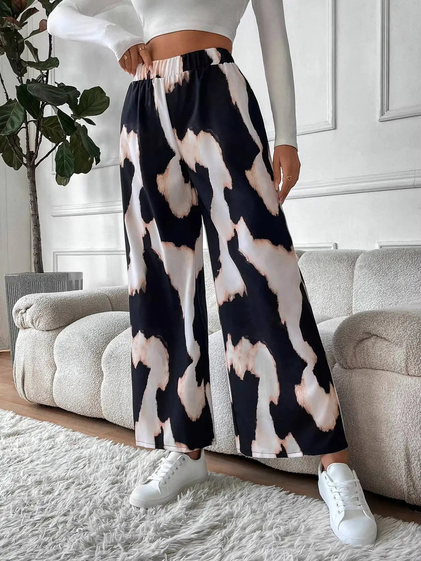 Wide Leg  Abstract Print Elastic High Waist Flowy Casual Pants