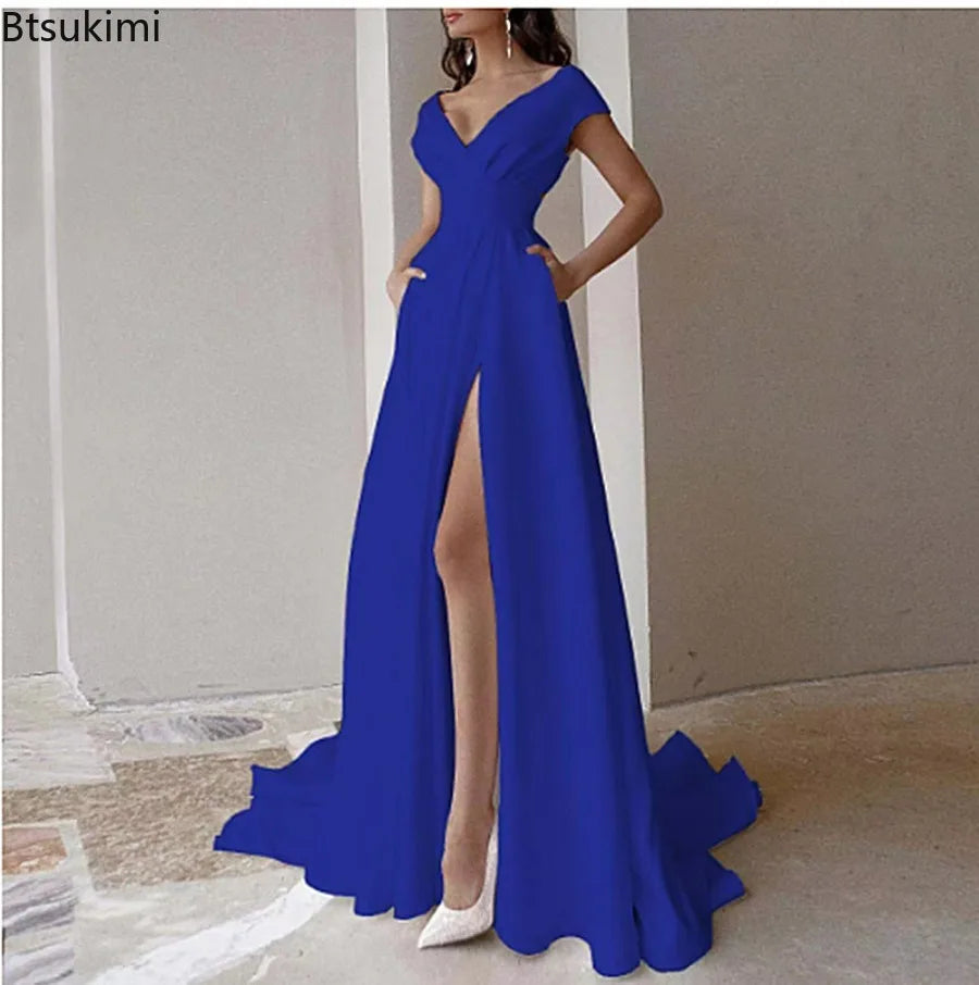 Sexy V-neck Ruffle Solid Mid Waist Temperament Maxi Dress