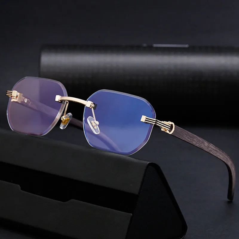 Trendy Rimless Sunglasses for Men Women Frameless Rectangle Wood Frame Sun Glasses