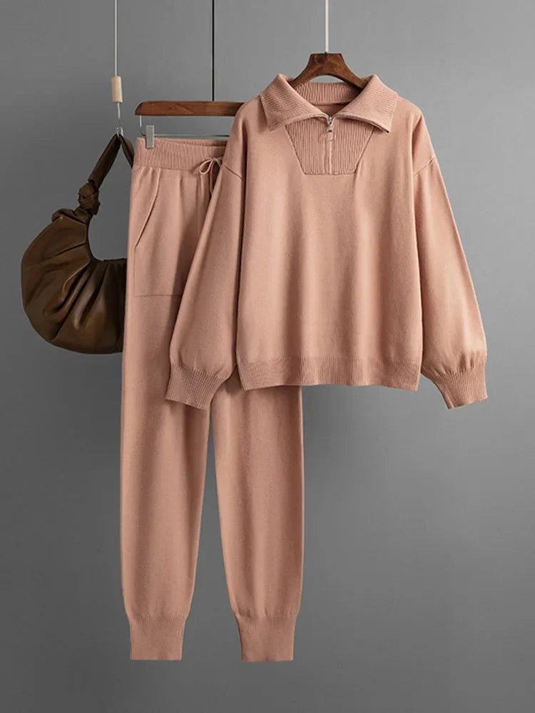 Women Casual Knitwear Pullovers Tops Conjuntos High Waist Jogger Pants Tracksuit
