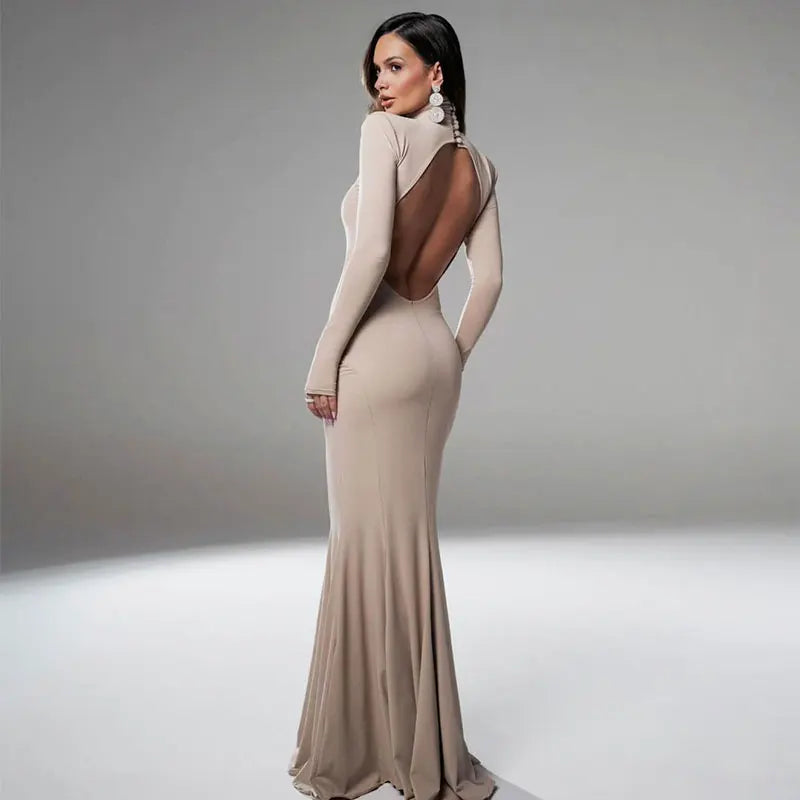 New Sexy Solid Backless Elegant  Casual Slim Turtleneck Long Sleeves Dress