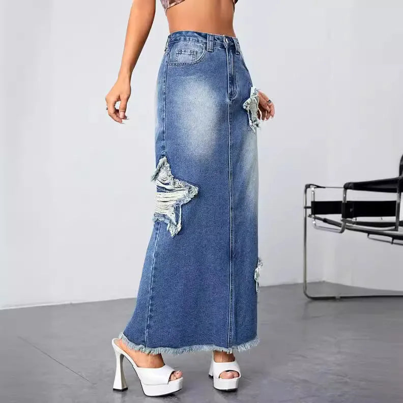 Denim Long Split Ripped Pentagram Patchwork High Waist Skirt