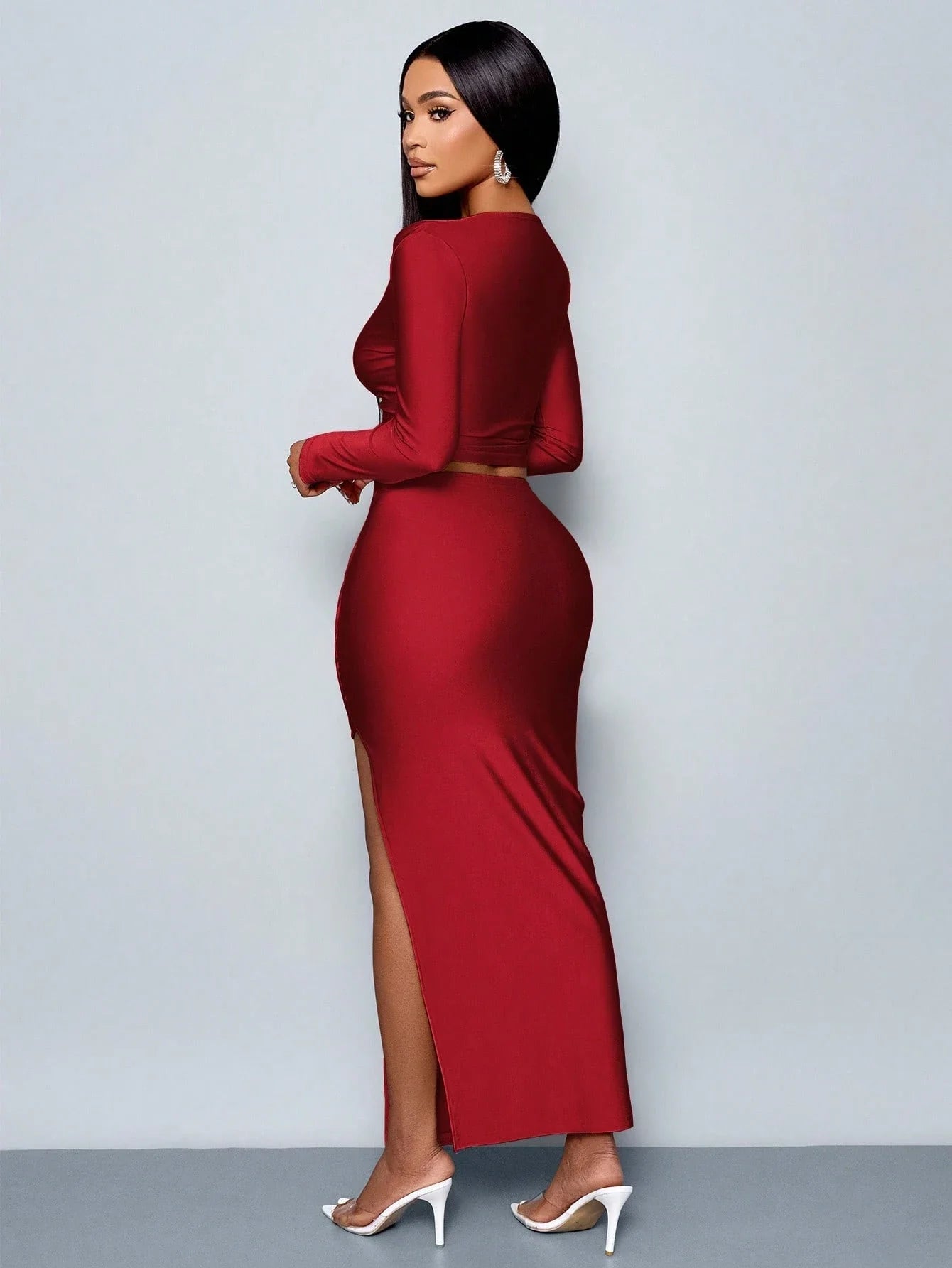 Women's Two-piece Set: Solid Color Elegant Leisure Long-sleeve T-shirt and Fitted Pleated Side set