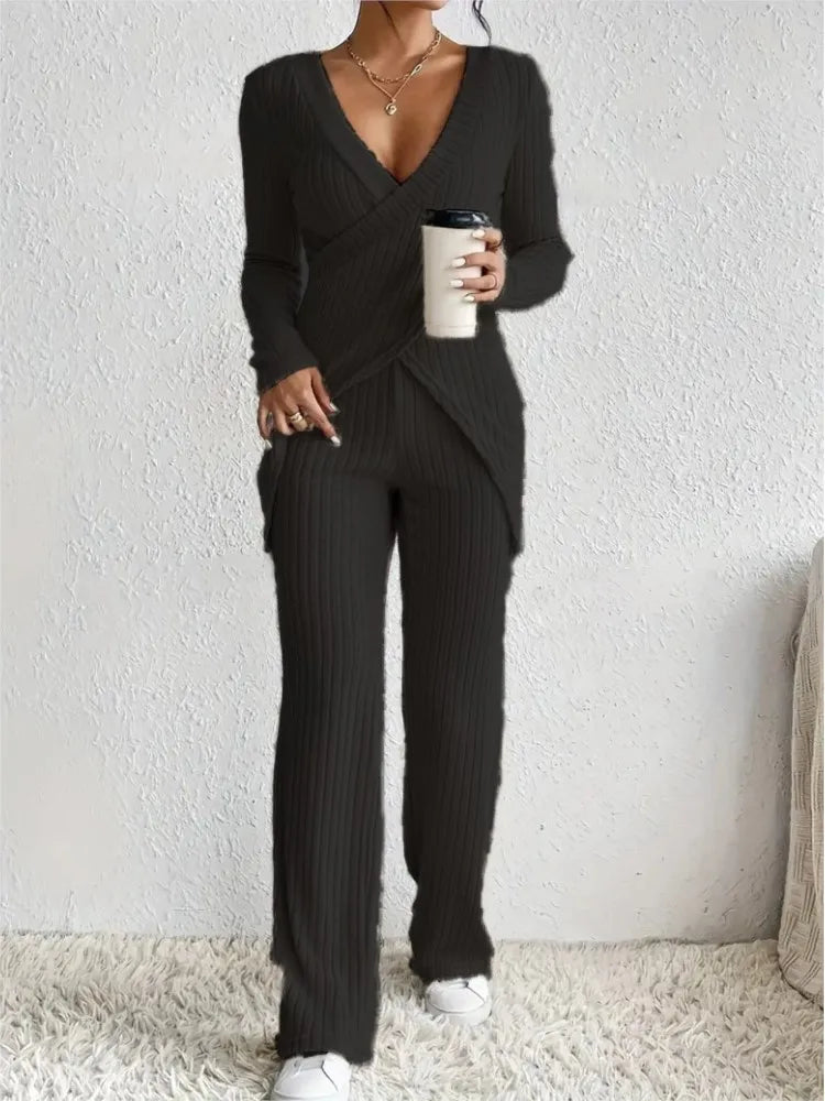 Women's Casual Solid  Long Sleeve V Neck Slim Tops+High Waist Pants 2 Pieces Set