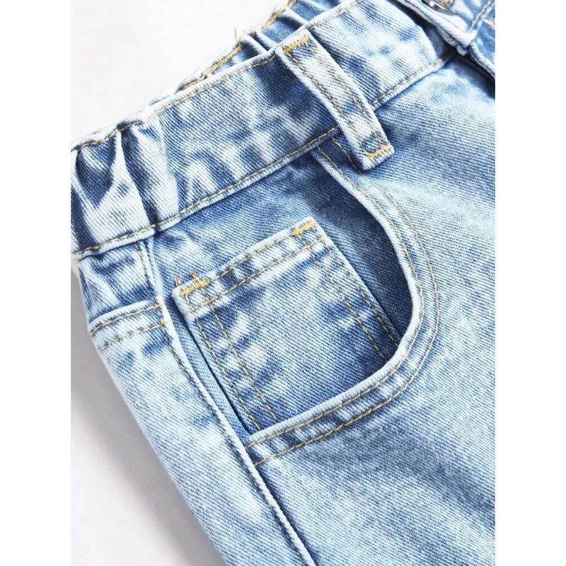 Women Jeans Embroidery High Waist Distressed Washed Pockets