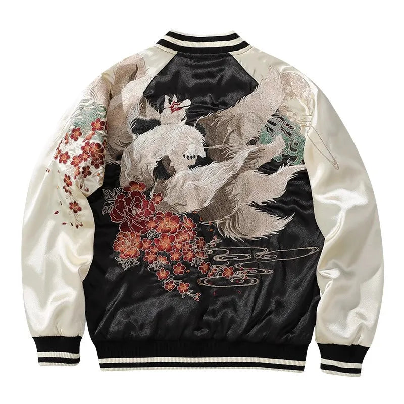 High Street Sukajan Souvenir Jacket Nine Tailed Fox Peony Embroidered Pilot Bomber