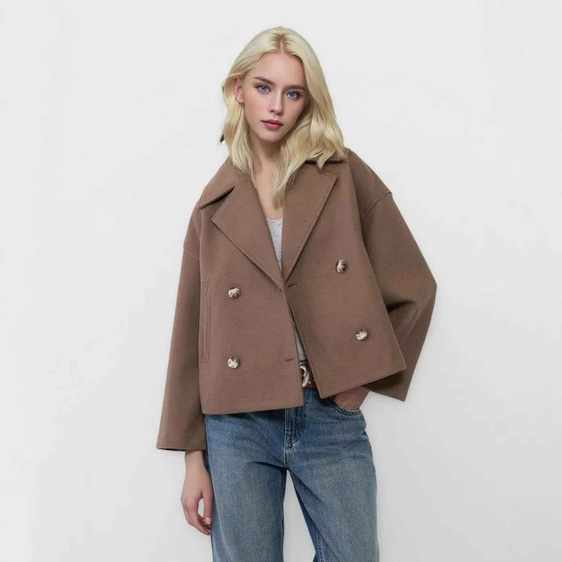 Women Wool Coats Elegant Short Coat Double Breasted Long Sleeve Jackets