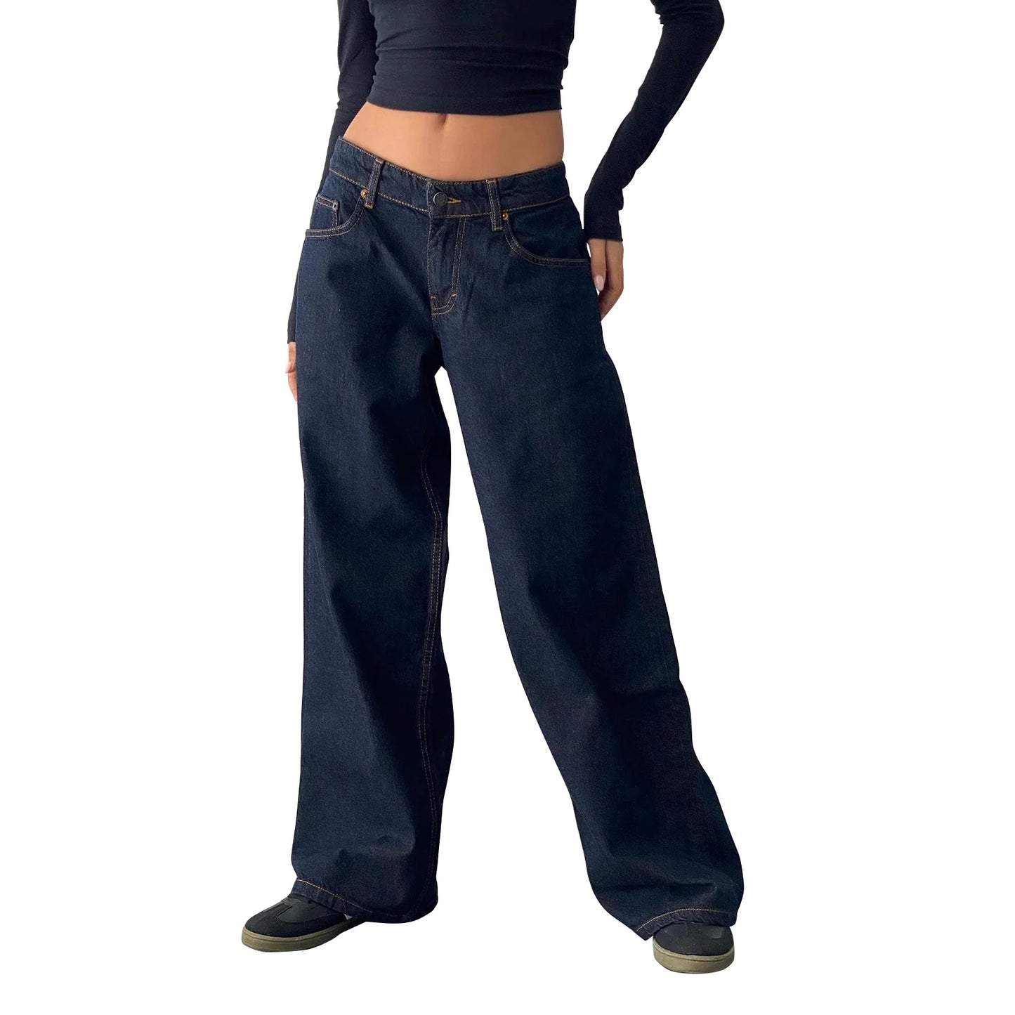 Women's versatile jeans, aesthetic solid color low rise