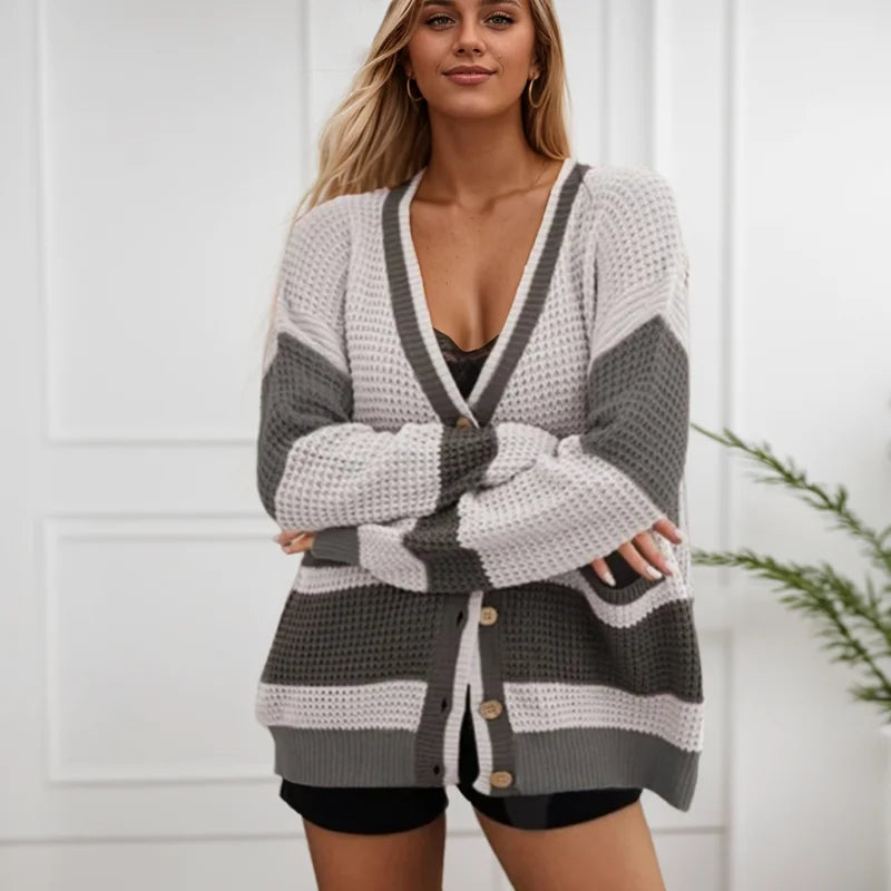 Color Block Button Down Knit Cardigans Loose Casual Pockets