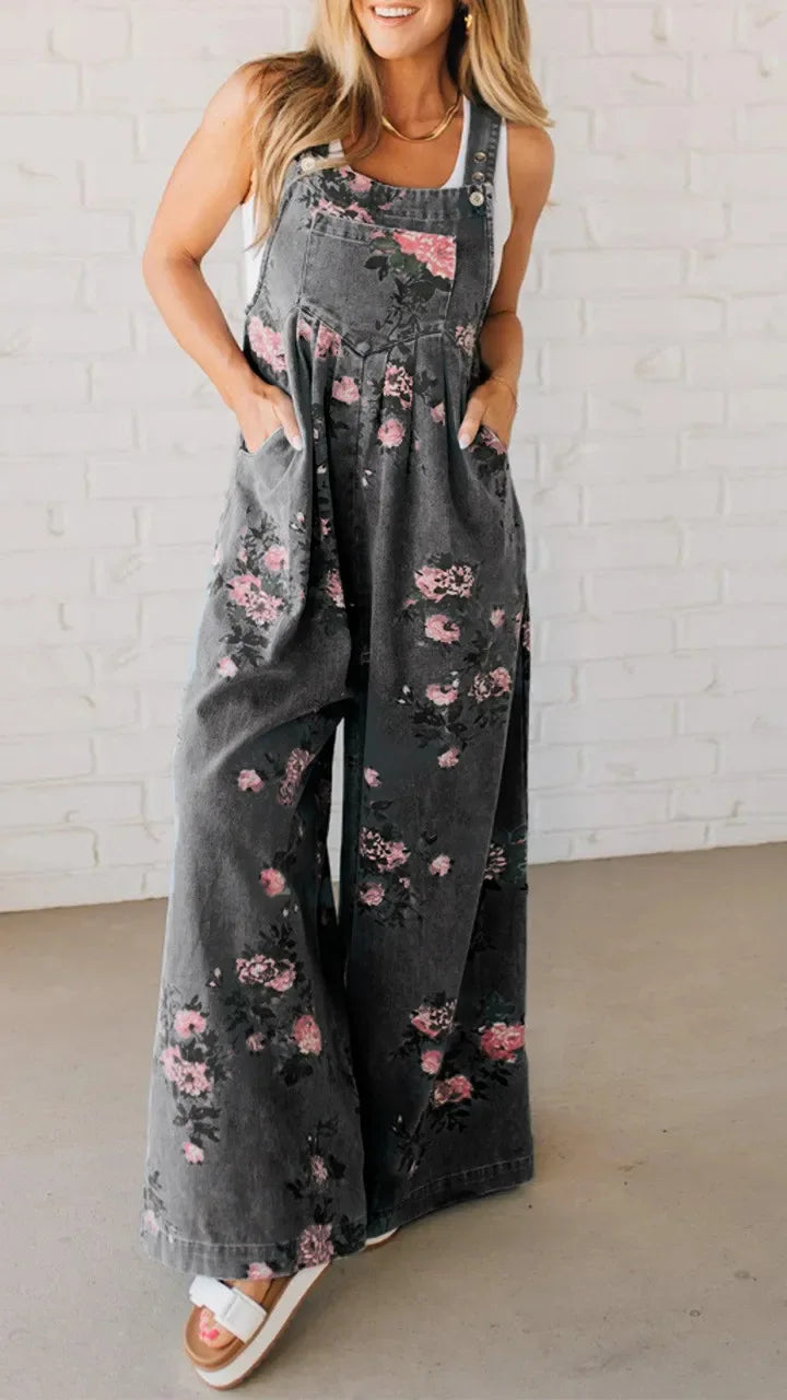 Women Jumpsuits Floral Printed Overalls Square Neck Sleeveless Rompers