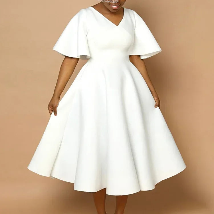 V Neck Flare Sleeve High Waisted Pleated A Line Mid Calf Luxury Dress