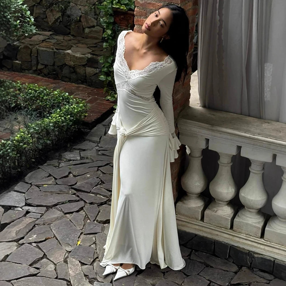 Women's Elegant  Long Flared Sleeves Slim Hollow Out Laced Dress