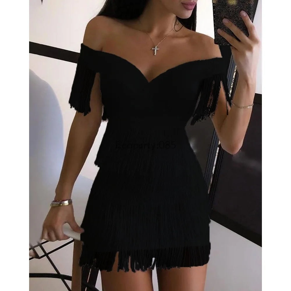 Sexy Big V Neck One-shoulder Fringed Skirt Ladies Slim Short Sleeve Dress