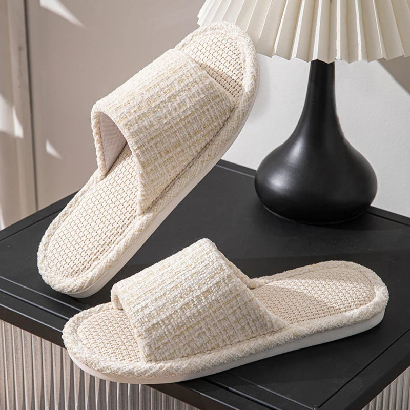 Linen Women Slippers House Flats Non-Slip Soft Sole