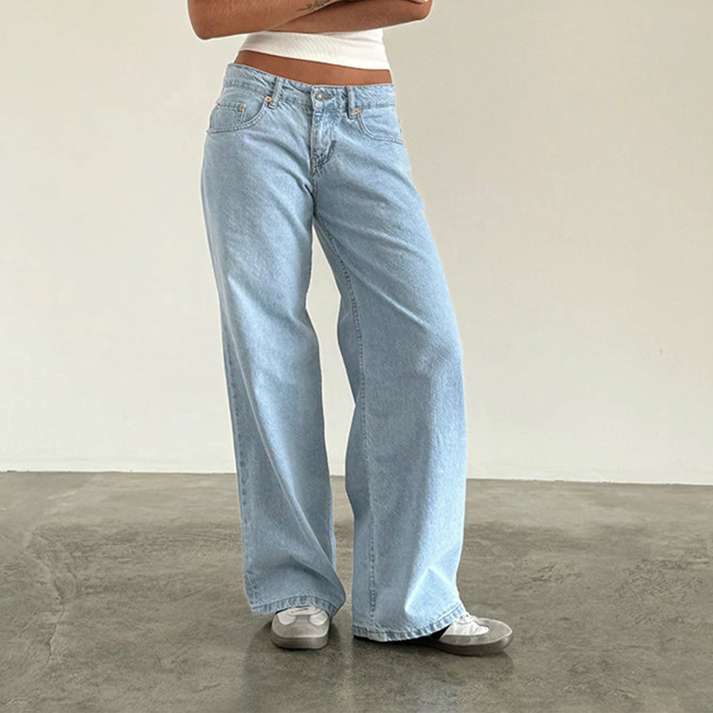 Women's versatile jeans, aesthetic solid color low rise
