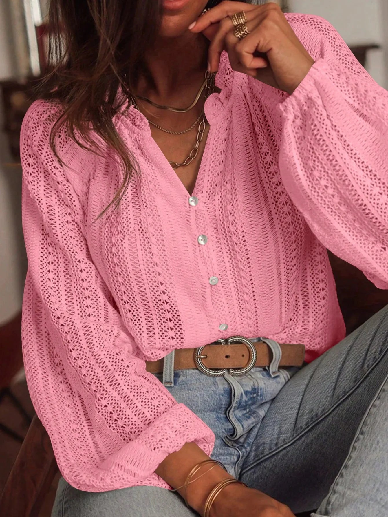 Women's Blouses  Loose Fashion Simple All-Match Hollow Lace V-neck Single Breaked