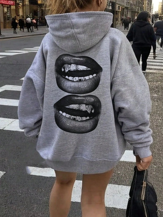 Women Hoodies  Sexy lips print out door women clothes pullover street style