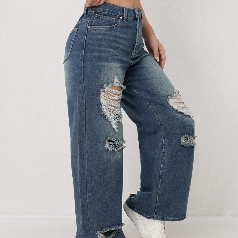High-waisted Ripped Loose Wide-leg Jeans