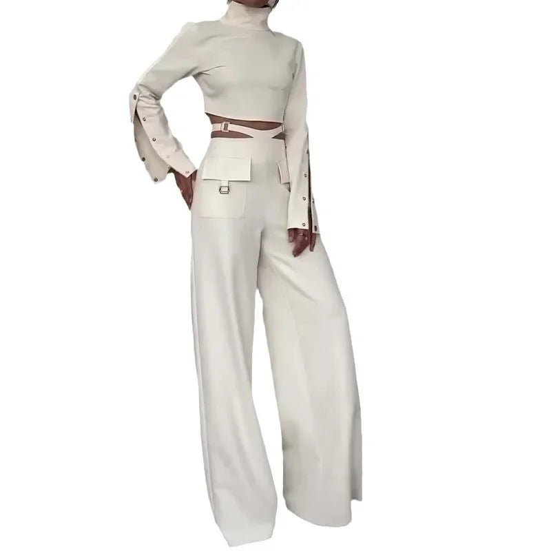 Two Piece Sets Turtleneck Full Sleeve  Sexy Wide Leg  Matching Sets