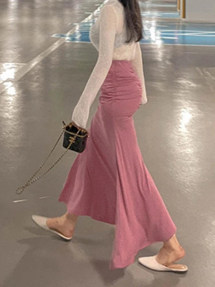 Shirring Satin  High Waisted Skirt