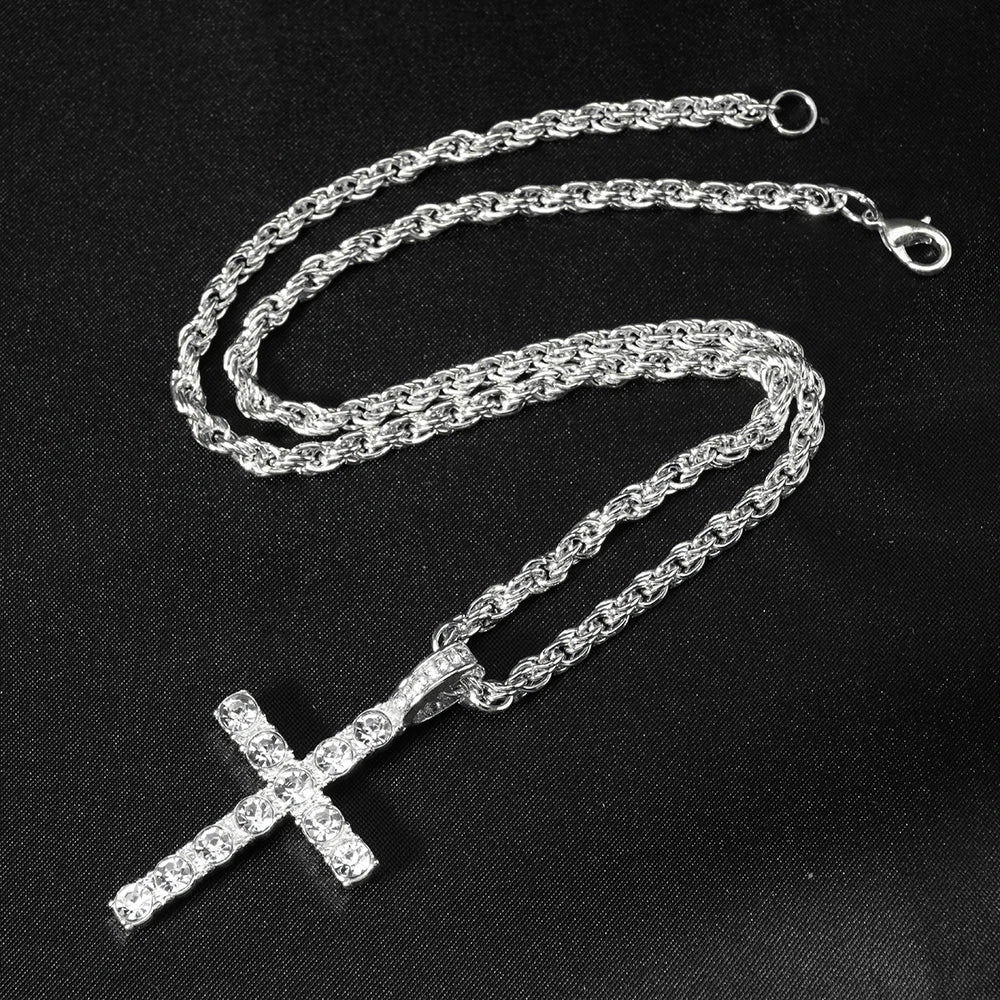 Hip Hop Iced Out Cross Pendant Necklace Strap 4mm Zircon