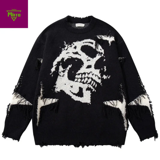 Skulls Graphic Men Sweaters Vintage Oversized  Hip Hop Patchwork Sweaters Knitwear