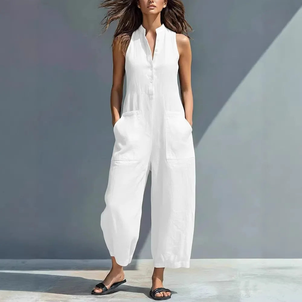 Cotton And Linen Jumpsuit Women Stand Collar Sleeveless Pocket