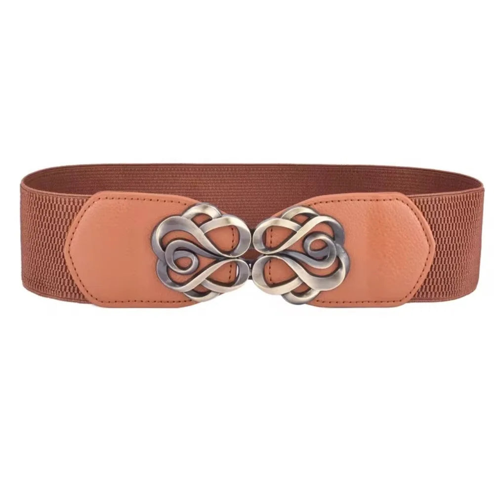Women Leather Belt for Dress Elastic Brass Retro Buckle Overcoat