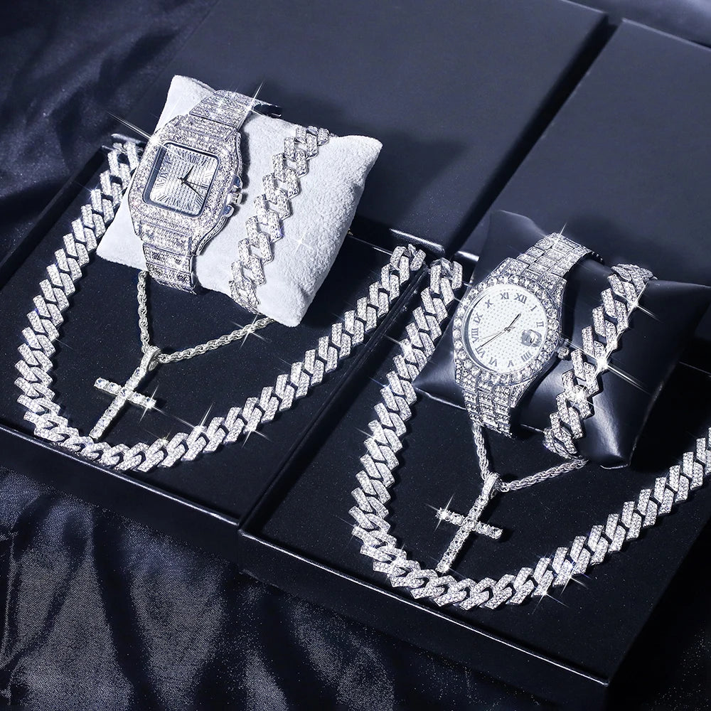 5Pcs Silver HipHop Watch Set Ice Flash Men Women