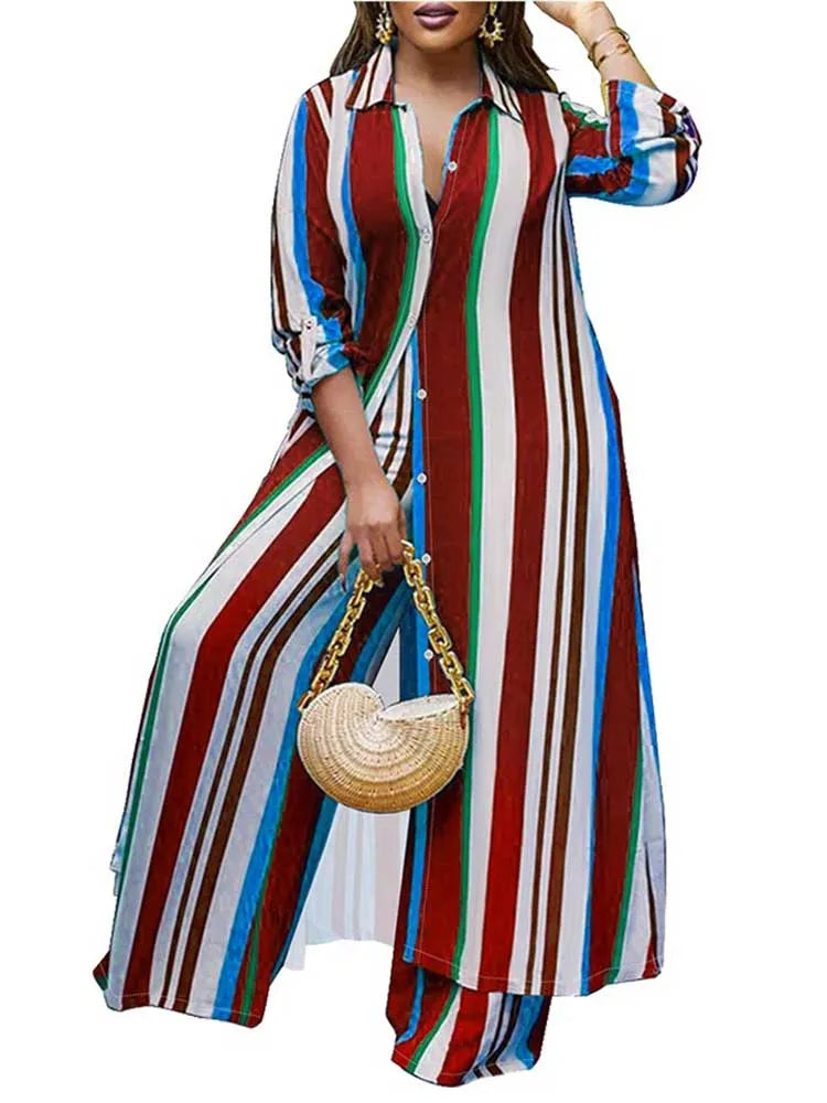Elegant 2-piece Sets for Women  Long Shirt Blouse Full Sleeve Striped Plus Size Matching Sets
