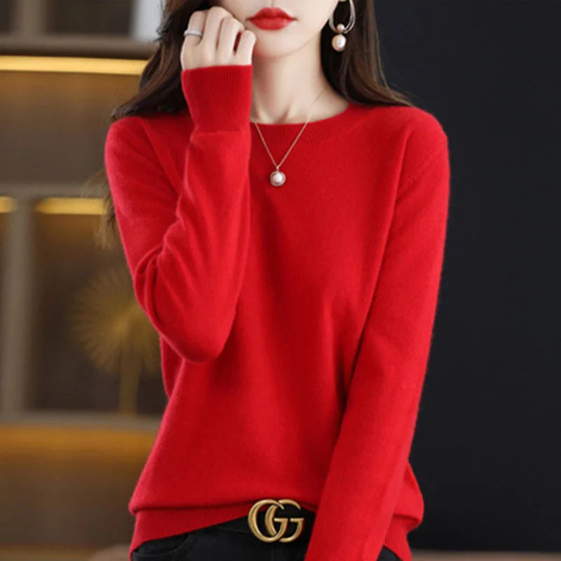Women Sweater O-neck Long-sleeved Solid Knitwear Bottoming Shirt
