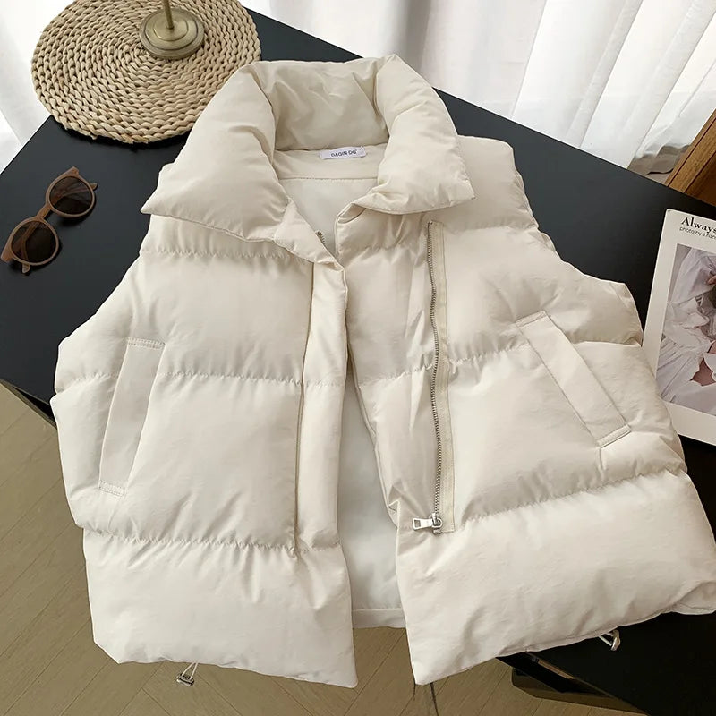 Stand Collar Elegant Down Coats Warm Outerwear Casual Belt Sleeveless Jackets