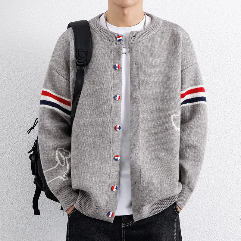 Knitted Cardigan Jacket for Men  Wide Pine Stand Collar Sweater