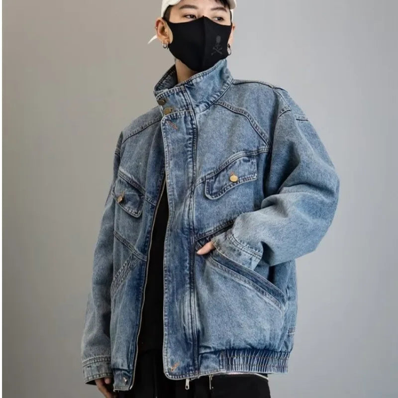 Denim Jacket Men's  Loose Design Sense of Standing Collar