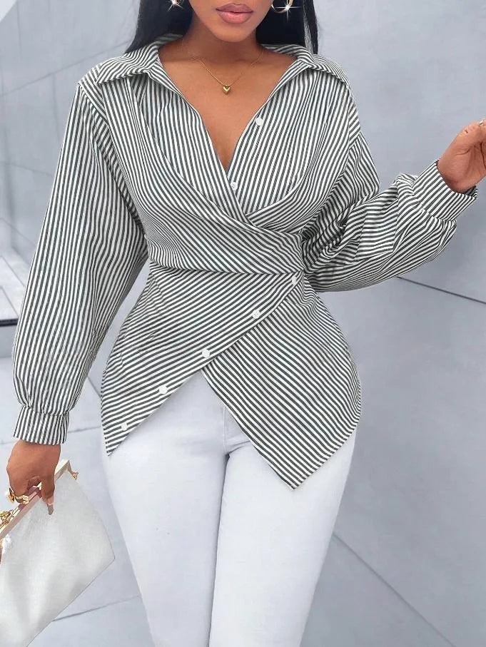 Blouses Chic Shirts Lady Fashion Casual Long Sleeve Turn-down Stripes