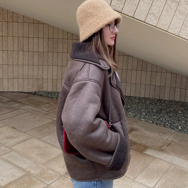 Faux Leather Jackets For Women Long Sleeve Demi-Season Plush Jacket