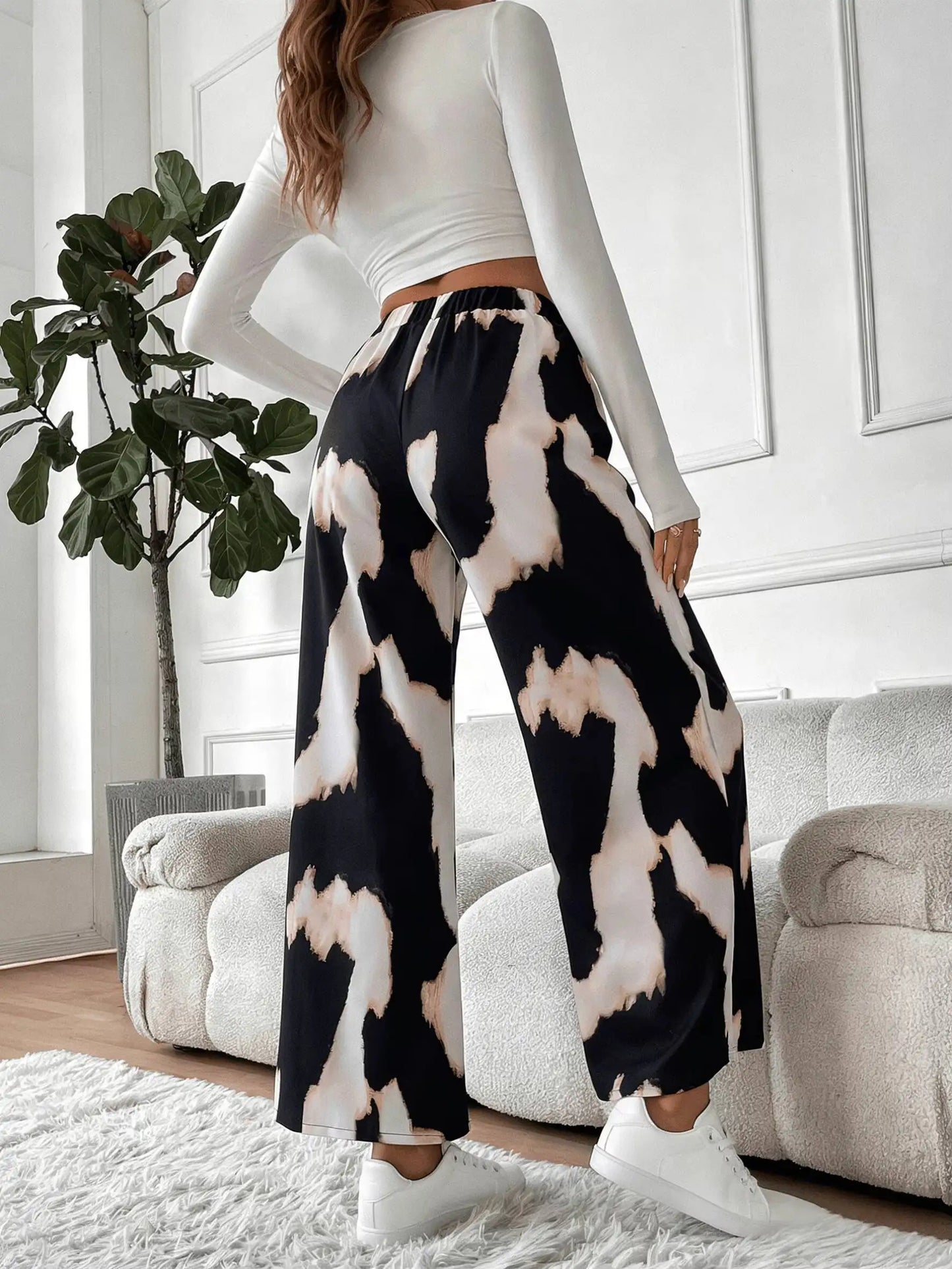 Wide Leg  Abstract Print Elastic High Waist Flowy Casual Pants
