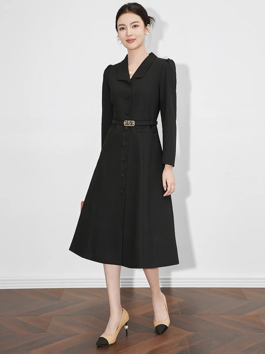 Women's Turn-down Collar Sleeves Single Breasted Sashes Dress