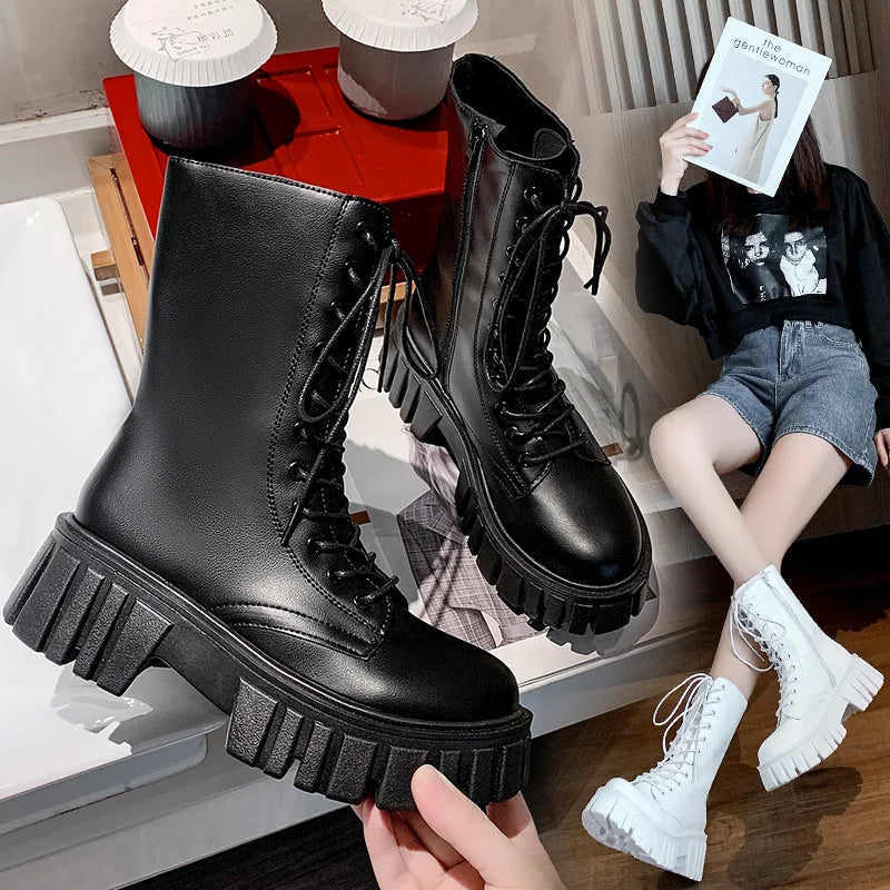 Women's  Boots  Thick Bottom Side Zipper Tie Lace  Warm round Toe Mid-Calf Boots