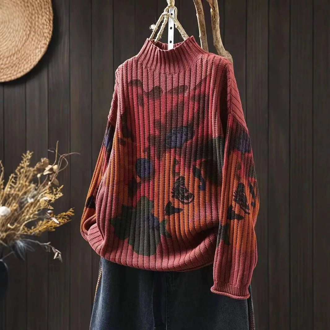 Chic Flower Printing Knitwear for Women Loose Casual Long Sleeve Half-turtleneck Knitwear