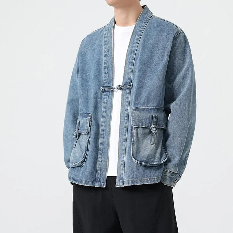 Fashion Men Denim Jacket Cotton Kimono Vintage Traditional Jackets
