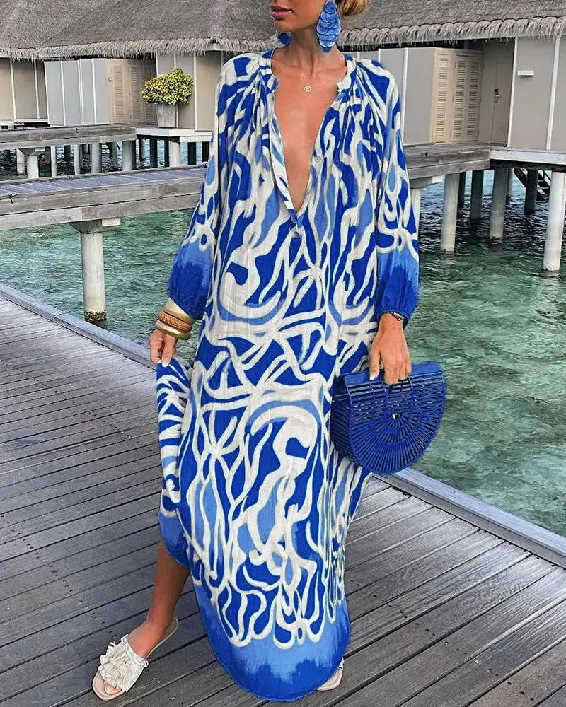Casual Fashion Print V-Neck Loose Retro Comfortable Maxi Dress
