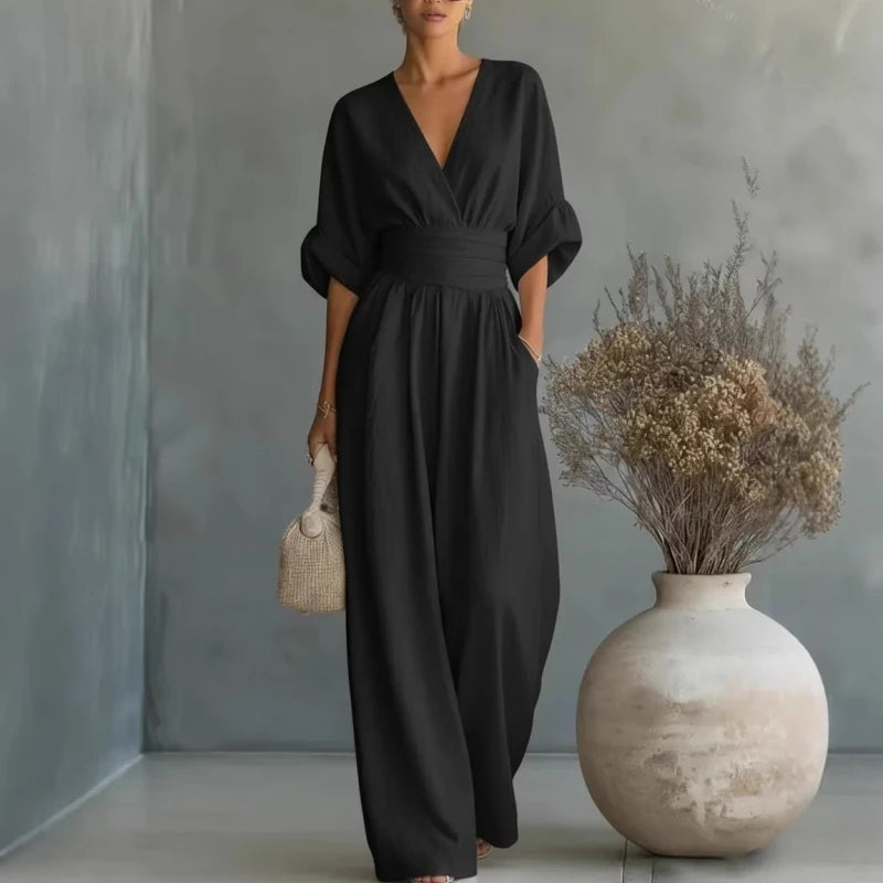 Casual Women Jumpsuit  V Neck Slim Waist Wide Leg Pant Jumpsuit