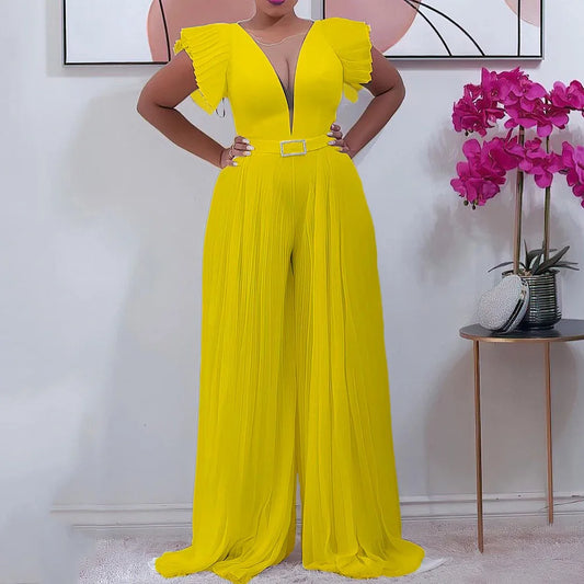 Pleated V neck Jumpsuit for ladies