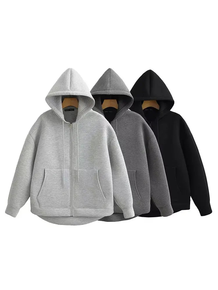 Gray Jacket With Hood Long Sleeve Big Pocket Zipper Jacket