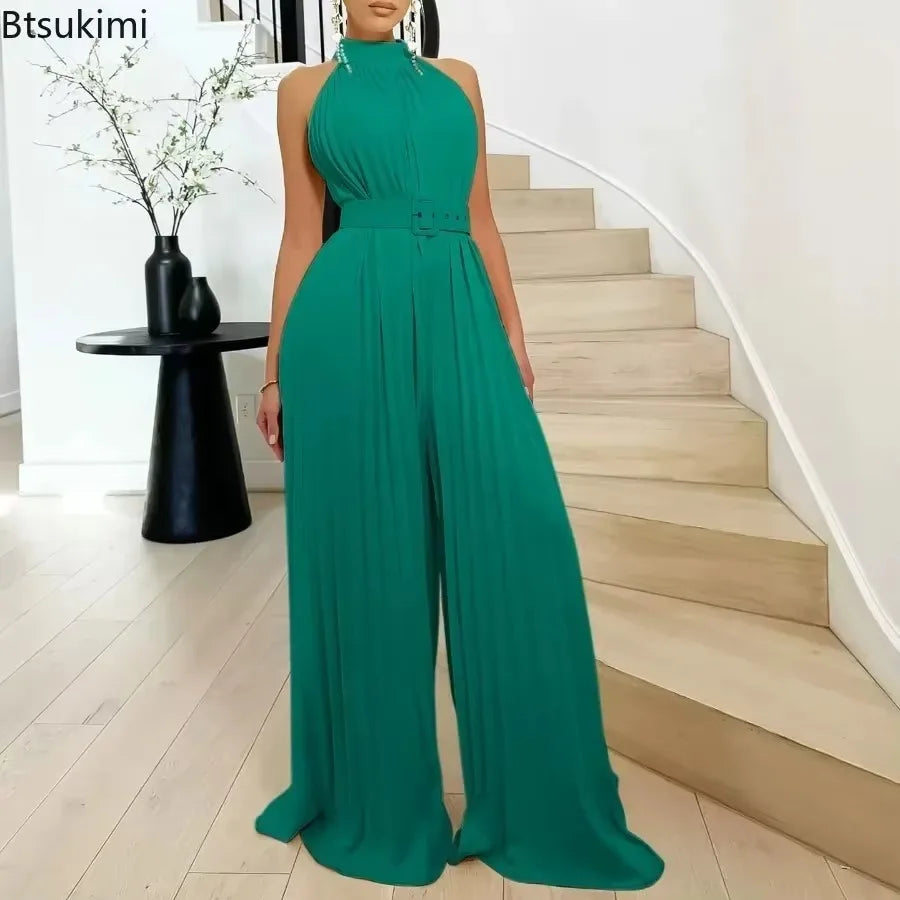 Fashion Jumpsuits Sleeveless Sexy Casual Wide Leg Pleated Rompers