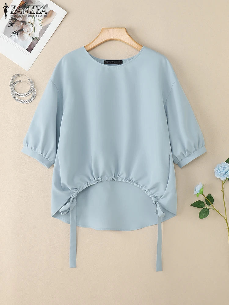 Women's High-Low White Blouses  O-Neck 3/4 Lantern Sleeve