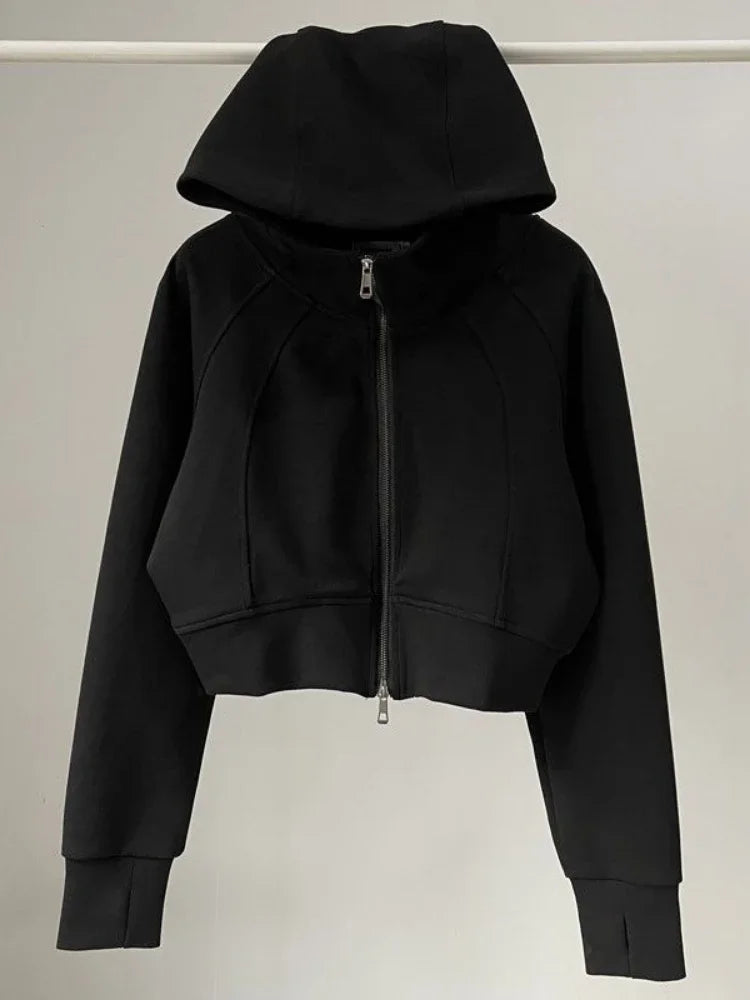 Solid Cropped Fashion Hoodies For Women  Dual Zippers Loose y2k Jackets