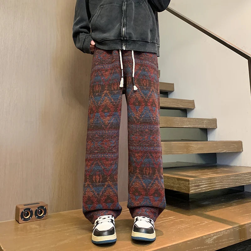 Wide leg pants Men's Vintage Geometric Knitted jacquard pants